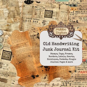 Kit de diario basura con escritura a mano antigua, kit de papel para álbum de recortes digital, papel vintage para imprimir con escritura a mano, hoja de collage desgastada con efímeras neutras