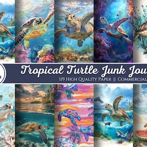 Tropical Turtle Junk Journal, clipartbundel, clipart zeeschildpad, tropische ontwerpen, aquarel clipart, achtergrond tropische zee, plakboek