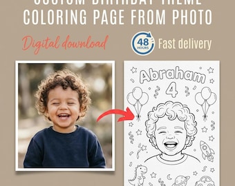 Gepersonaliseerde verjaardagskleurplaat van foto | Aangepaste naam en leeftijd afdrukbaar, aangepast thema (digitale download)