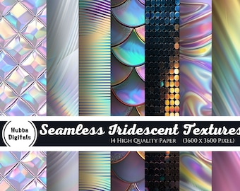 Ultimate Iridescent Textures - 14 seamless digital paper metallic textures with pastel rainbow holographic glitter and foil