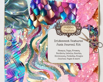 Ultimate Iridescent Textures Junk Journal Kit, digital paper metallic textures, pastel rainbow holographic glitter and foil, Scrapbook Paper