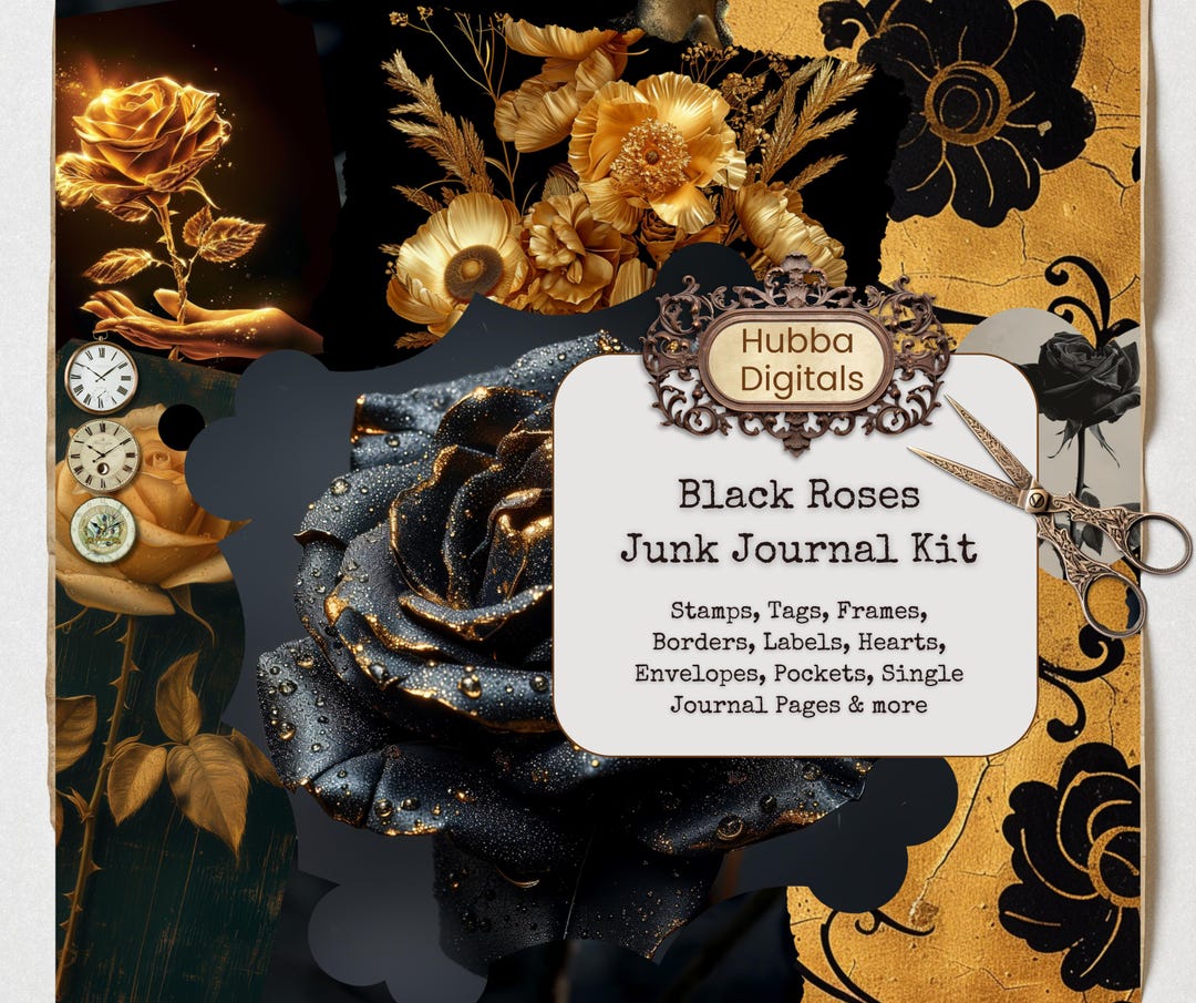 Black Roses Junk Journal Kit, Gothic Collage Sheets, Scrapbooking Cards ...
