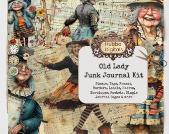 Whimsical Old Lady Junk Journal Kit, Funny Quirky Old Woman, Half Digital Pages, High Quality, Instant Download, Stamp, Ephemera, Envelope