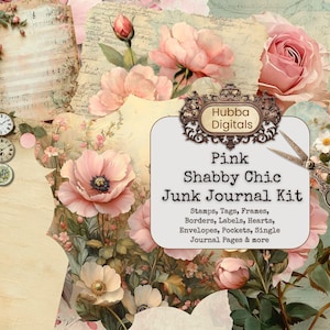 Kit de diario basura Shabby Chic rosa, collage de efímeras Shabby Chic vintage, papel de álbum de recortes romántico, tarjetas digitales con rosas florales imprimibles