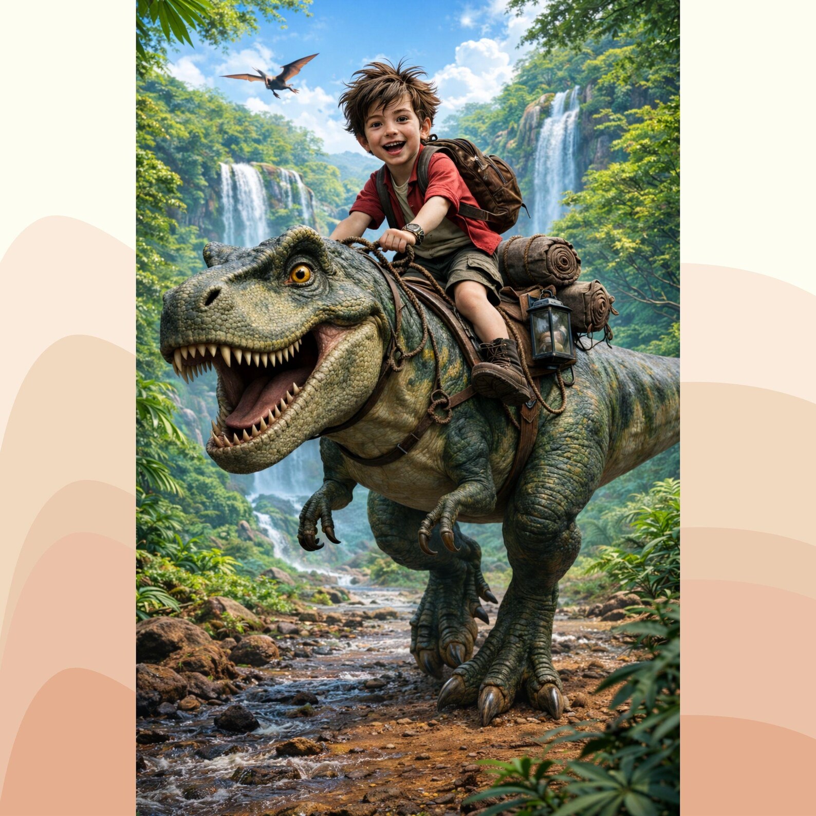 Custom Dino Rider Portrait | Kid Riding T-rex Art | Realistic Adventure ...