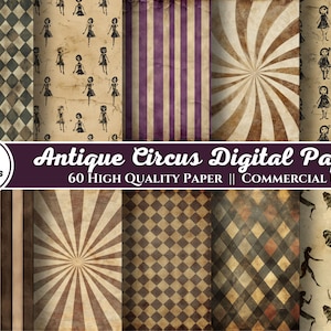 Antiek circus digitaal papier achtergronden vintage Victoriaanse grunge noodlijdende texturen, Freakshow afdrukbaar plakboekpapier commercieel gebruik