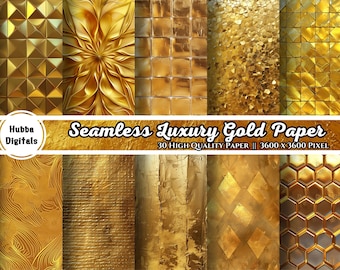 May include: A collection of 30 high-quality seamless gold digital papers, each measuring 3600 x 3600 pixels. The papers feature a variety of textures and patterns, including geometric shapes, floral designs, and abstract patterns.
