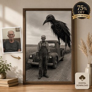 Puede incluir: Una impresión enmarcada en tonos sepia que presenta a un hombre mayor de pie frente a un camión antiguo, con un cuervo grande y ominoso cerca. El cuervo tiene ojos rojos. La impresión incluye una imagen más pequeña del hombre y una pegatina "75% OFF".