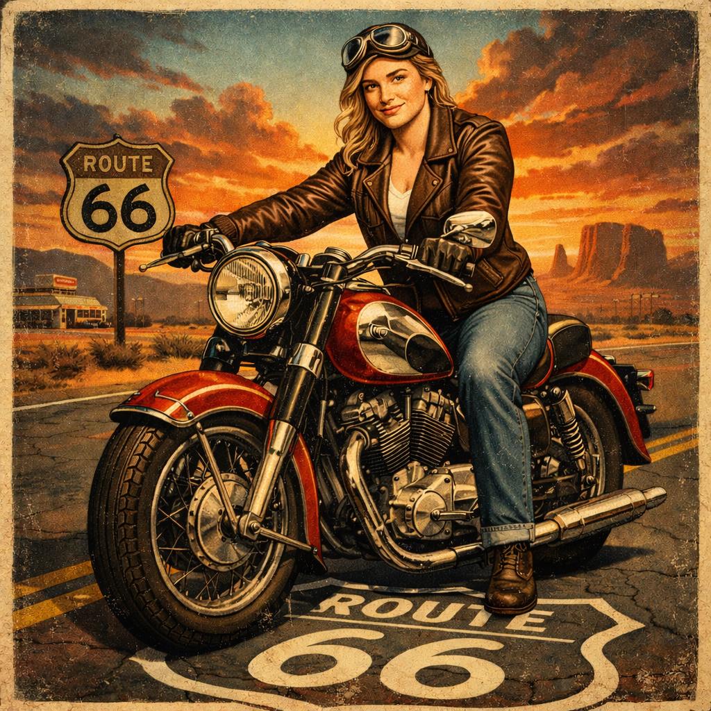 Custom Route 66 Motorcycle Portrait | Vintage Retro Biker Girl Poster ...