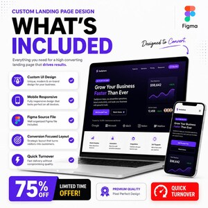 Op de afbeelding: Een digitale marketingafbeelding voor aangepast landingspagina-ontwerp met een laptop en smartphone die een donkere website-interface tonen. De tekst bevat "WHAT'S INCLUDED", "Designed to Convert" en een lijst met functies zoals UI-ontwerp en Figma-bestanden.