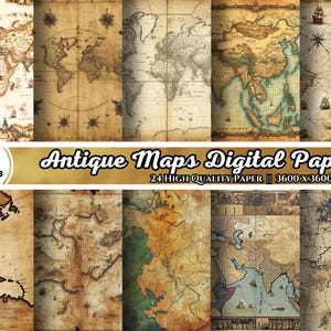 Antike Karten, Digitales Papier, 24 Vintage Karten, Weltkarte Scrapbook Papier, alte Papiertexturen sofort download für kommerzielle Nutzung