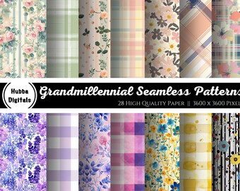 Grandmillennial Seamless Patterns, Watercolor Patterns Pastel Floral JPEG, Stripes, Plaid Glitter Digital Repeating pattern, Scrapbook Paper