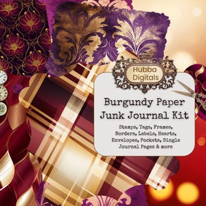 Kit Junk Journal Burgundy, Big Bundle Damask Pattern, Ephemera Stripes, Dots, Texture Distressed, Scacchi, Carta digitale, Download immediato