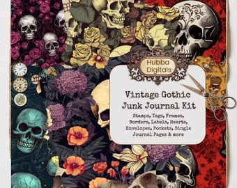 Floral Witch Skulls Junk Journal Kit, Digital Paper, Gothic skull patterns with skeletons, flowers printable instant download commercial use