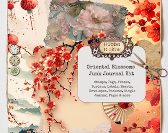 Kit de diario basura con motivos orientales, páginas de scrapbooking, papel digital asiático, papel para bullet journal, materiales para diarios, proyectos creativos y manualidades.