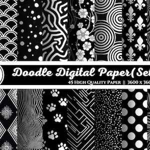 Pacchetto di carta digitale doodle in bianco e nero/ 45 pagine di scrapbooking con motivi/ Fogli di album con bundle di sfondo in bianco e nero stampabili/ Uso commerciale