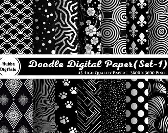 Black and White doodle digital paper pack| 45 Patterns scrapbooking pages| B&W background bundle scrapbook sheets printable| Commercial use