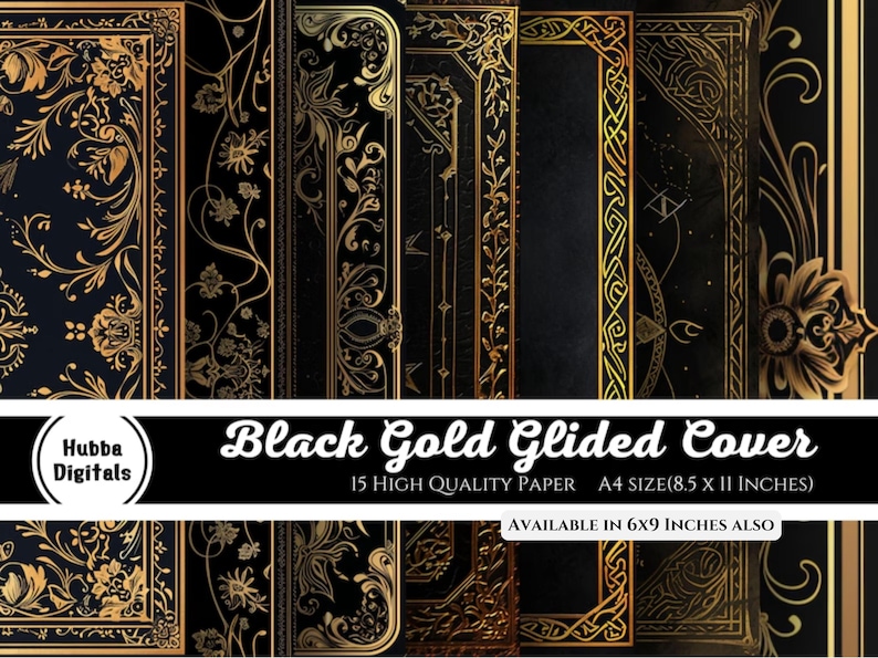 Printable gilded book covers, black leather book covers, 15 vintage book covers, letter-sized, printable, old decorative junk gold, DOWNLOAD
