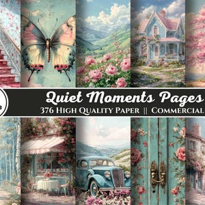 Quiet Moments-pagina's voor plakboek en junkjournaal, digitaal papier, shabby chic, bloemen, zachte pastelkleuren, blauw en roze, vintage ephemera, BuJo