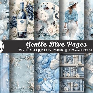 Zachte blauwe pagina's voor plakboek en Junk Journal, digitaal papier, afdrukbare afbeeldingen, aquarelstijl, shabby chic, pastel zachtblauw, bloemen
