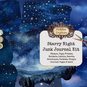 Starry Night Junk Journal Kit, digitaal papier, blauwe aquarel textuur, nachtelijke hemel textuur achtergrond, Galaxy plakboek, commercieel gebruik