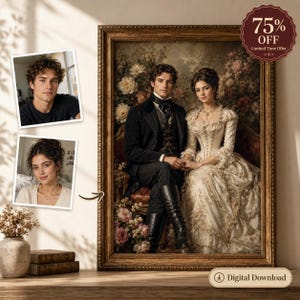 Può includere: Un ritratto incorniciato che mostra un uomo in abito scuro e una donna in abito di pizzo bianco, su uno sfondo floreale. A sinistra sono presenti due foto di riferimento. L'immagine include il testo 75% OFF e Digital Download.