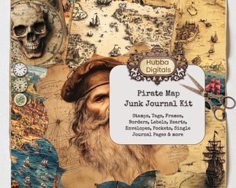 Old Pirate Map Junk Journal Kit, Vintage Nautical Scrapbook Pages, Old Map Shabby Chic Backgrounds, Nautical Journal Supplies, Printable Art