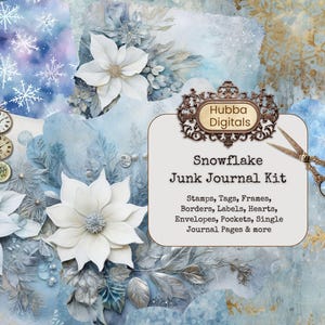 Zestaw Snowflake Junk Journal, Winter Grunge, Pobieranie papieru cyfrowego, Papier do kolażu śnieżnego, Zestaw Vintage Ephemera, Album, Akwarela Boże Narodzenie