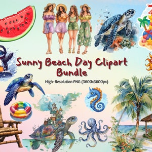 Paquete de imágenes prediseñadas de Sunny Beach Day, verano de acuarela, lindo submarino, PNG de vacaciones, clip art de temporada, viajes, decoración de guardería, descarga instantánea