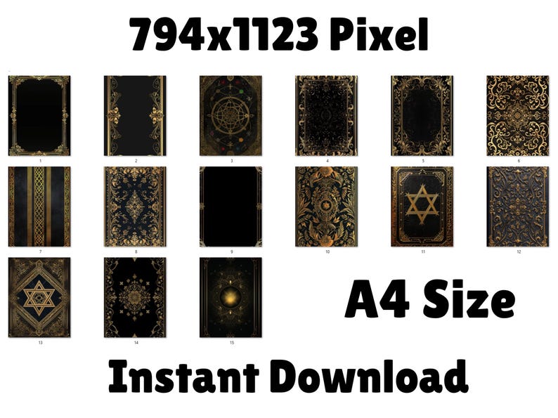 Printable gilded book covers, black leather book covers, 15 vintage book covers, letter-sized, printable, old decorative junk gold, DOWNLOAD