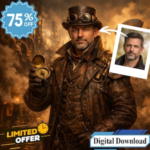 May include: A man in steampunk clothing, wearing a brown leather coat, goggles, and a top hat, holding a compass. The image includes a "75% OFF" badge, a "LIMITED OFFER" banner, and a "Digital Download" banner.