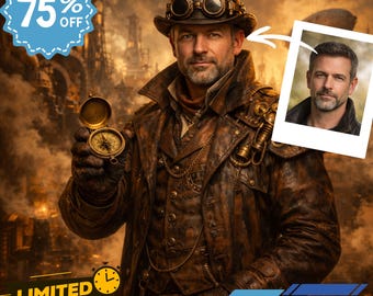 May include: A man in steampunk clothing, wearing a brown leather coat, goggles, and a top hat, holding a compass. The image includes a "75% OFF" badge, a "LIMITED OFFER" banner, and a "Digital Download" banner.