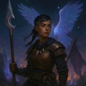 Könnte beinhalten: Digitales Kunstwerk einer Kriegerin in Rüstung, die einen Speer mit sichelförmigem Kopf hält. Ein leuchtender blauer Adler schwebt hinter ihr vor einem sternenklaren Nachthimmel. Fantasy-Thema.