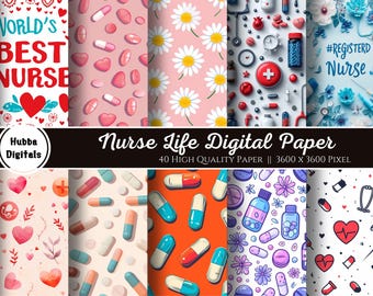NURSE LIFE, 40 Nurse Seamless Repeat Pattern, Retro Healthcare, Medical Backgrounds, Printable Digital Paper