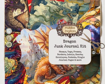 Fantasy Dragon Junk Journal Kit, Printable Kit Fantasy Digital Download, Lady Knights Scrapbook Paper Digital Download Medieval Junk Journal