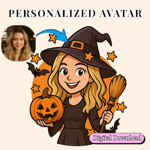 May include: A digital illustration featuring a cartoon witch with blonde hair, wearing a black hat and dress, holding a pumpkin and broom. The image includes the text "PERSONALIZED AVATAR" and "Digital Download".