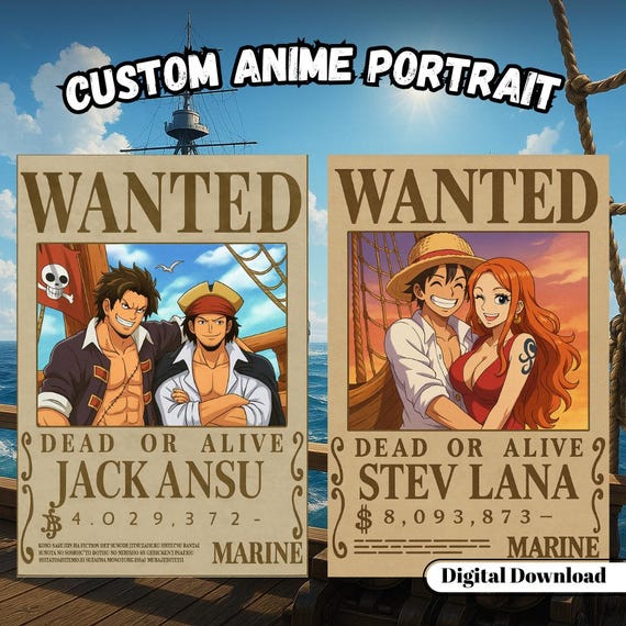 Custom Anime Portrait , Custom Anime Wanted Poster, Personalized Pirate Anime Gift, Printable Wallart, Anniversary Gift, One Piece Portraits