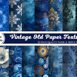 Papel digital Blue Ephemera, 22 texturas de papel antigas, download instantâneo de papel para scrapbook vintage, fundos digitais para impressão em decoupage