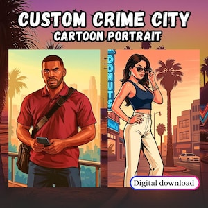Puede incluir: Retrato de dibujos animados digital con dos personajes en un entorno urbano. Un hombre con una camisa polo roja sostiene un teléfono, y una mujer lleva una blusa azul y pantalones blancos. El texto dice "CUSTOM CRIME CITY CARTOON PORTRAIT".