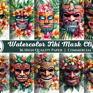 Aquarell Tiki Maske Clipart, floral Hawaiian Tiki Clip Art PNG Format (Nicht transparent), sofortiger Download für kommerzielle Nutzung
