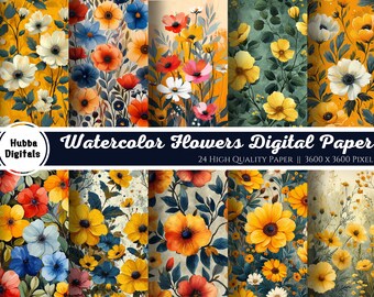 Flowers Digital Paper | Commercial Use | 24 Watercolor Flower Backgrounds | Printable Paper Set | Scrapbooking Paper | Crafts | Diy