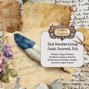 Kit de diario basura con escritura a mano antigua, kit de papel para álbum de recortes digital, imprimible con escritura a mano antigua, efímera neutra, hoja de collage desgastada