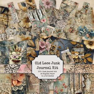 Vintage Spitze Junk Journal Kit, antike druckbare Seiten, digitales Journal mit Spitze, Hochzeit Scrapbook, beigefarbener Hintergrund, beige Ephemera Collage