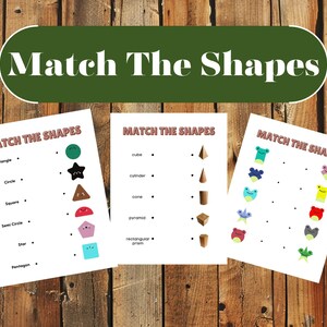 Puede incluir: Tres hojas de trabajo imprimibles con el título "Match the Shapes". Cada hoja de trabajo tiene una lista de formas geométricas a la izquierda y un conjunto de imágenes de dibujos animados a la derecha. El objetivo es hacer coincidir las formas con las imágenes correspondientes.