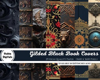 Gilded Black Book Covers, Instant download digital sheets for commercial use, 29 printable decorative gilded book covers