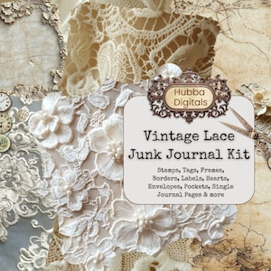 Vintage Spitze Junk Journal Kit, antike Seiten zum ausdrucken, digitales Journal Spitze, Hochzeit Scrapbook Papier Spitze Hintergrund beige ephemera