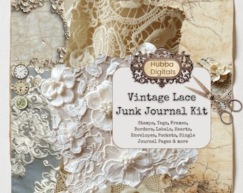 Vintage kant junk dagboek Kit, afdrukbare antieke pagina's, kant digitaal dagboek, bruiloft plakboek papier kant achtergrond beige ephemera collage