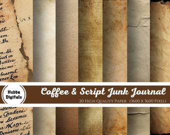 Café y escritura, Papeles, 20 Junk Journal, Neutro, Marrón, Teñido, Té, Manchado, Digital, Descarga, Papel, Vintage, Imprimible