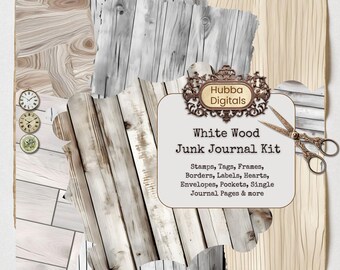 White Wood Junk Journal Kit, Seamless Pattern, White Texture Paper, Rustic Wood, Distressed Wood, Printable Digital Papers, Digital Download