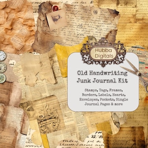 Kit de diário de caligrafia antiga, kit de papel para scrapbook digital, BuJo Vintage manuscrito para impressão, folha de colagem neutra efêmera desgastada